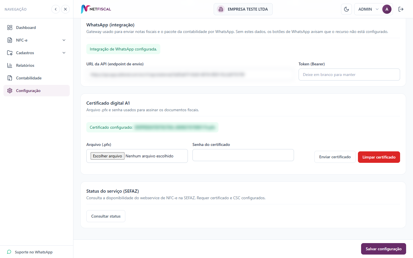 Bloco do certificado digital na configuração