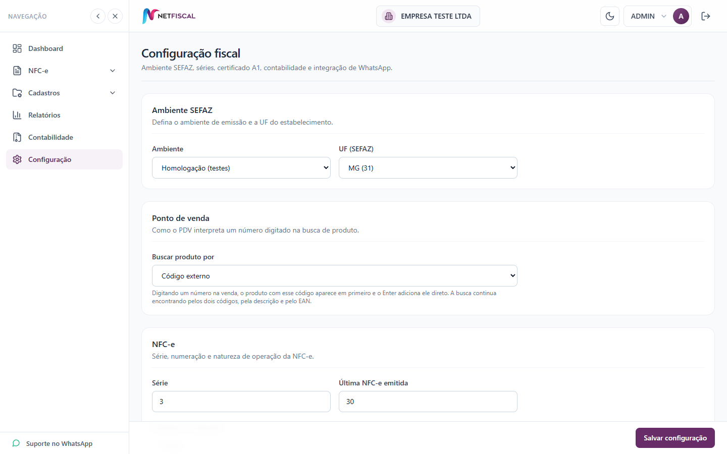 Tela de configuração fiscal