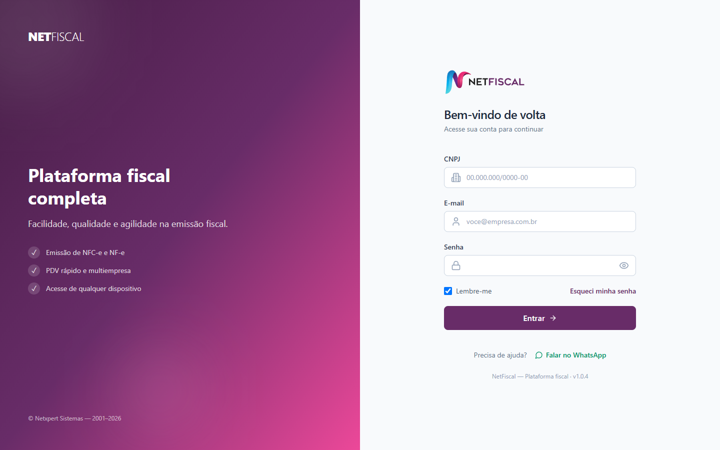 Tela de login do NetFiscal
