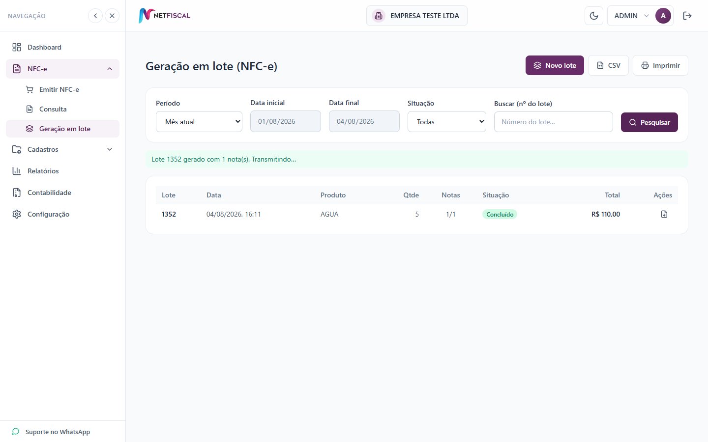 Lista de lotes gerados