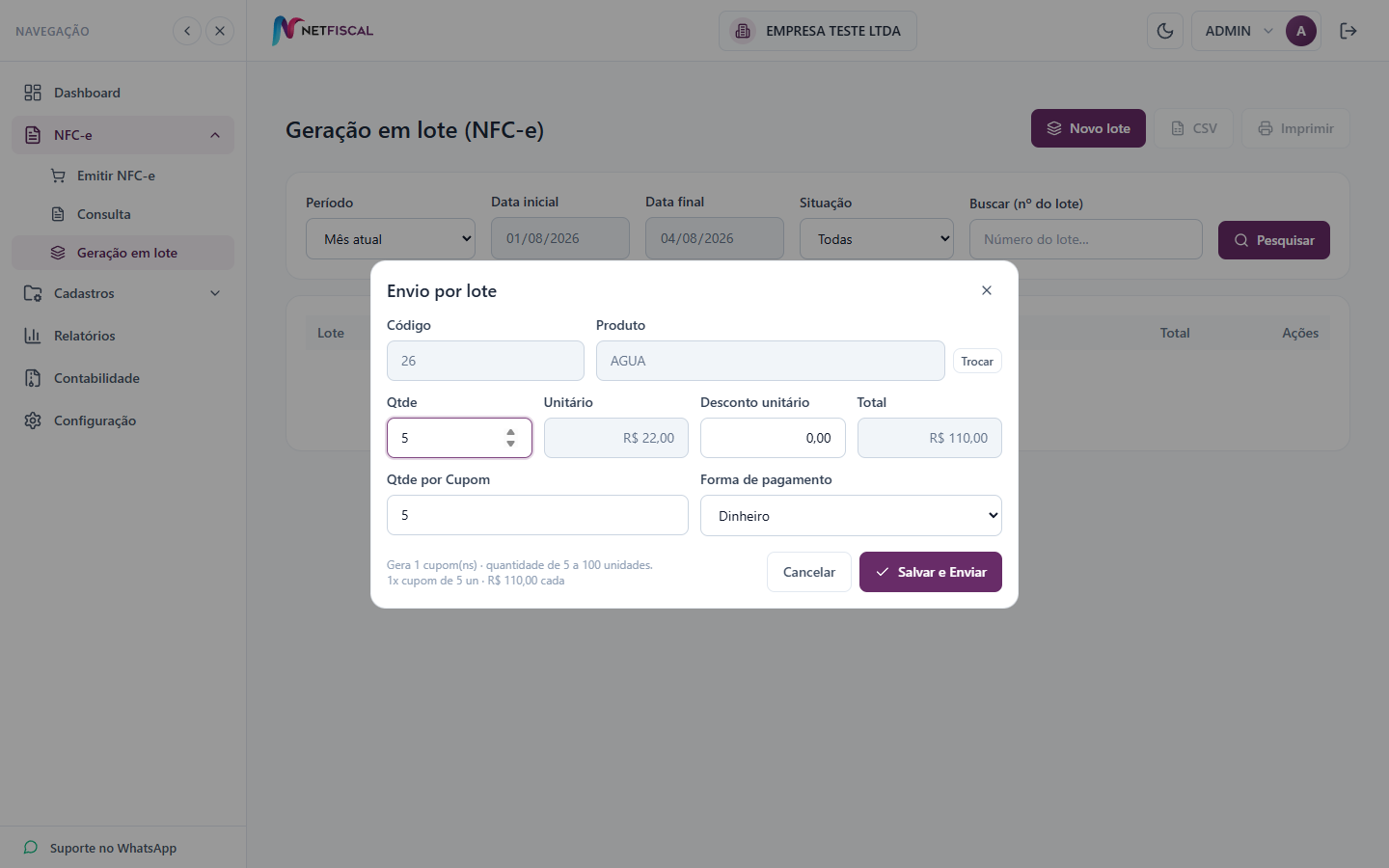 Formulário de envio por lote