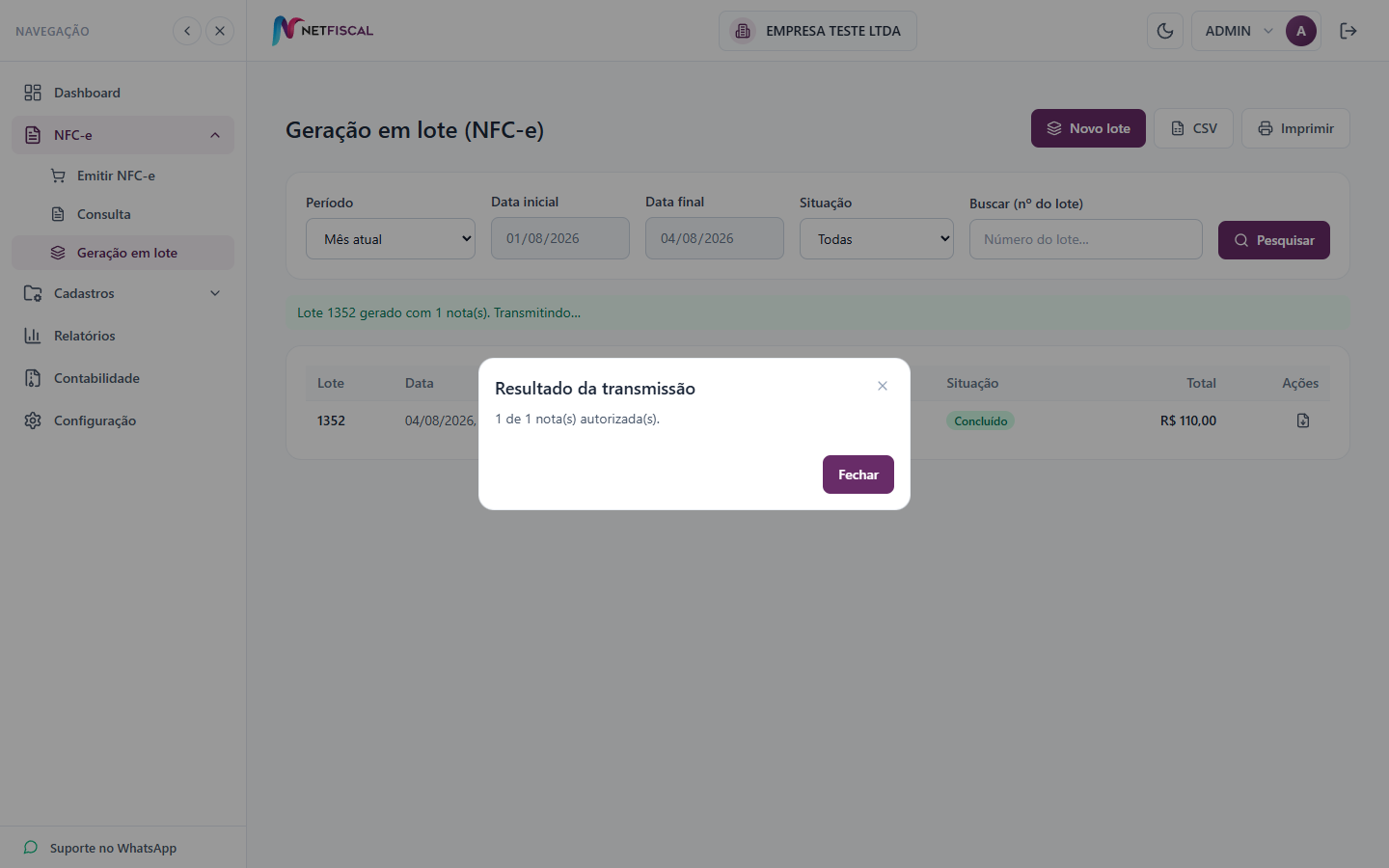 Resultado da transmissão do lote