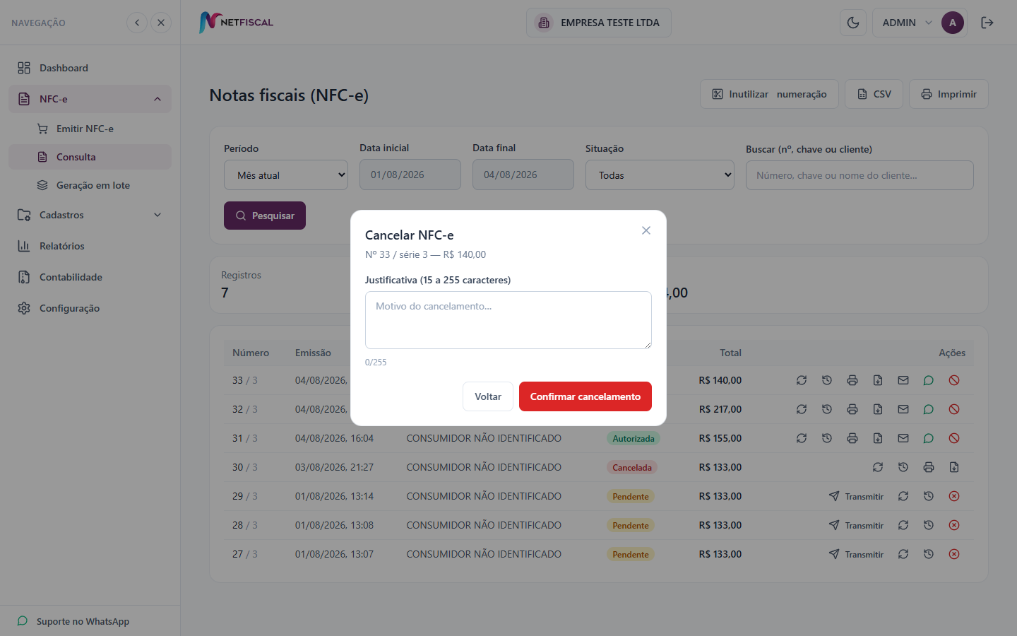 Janela de cancelamento de NFC-e com o campo de justificativa