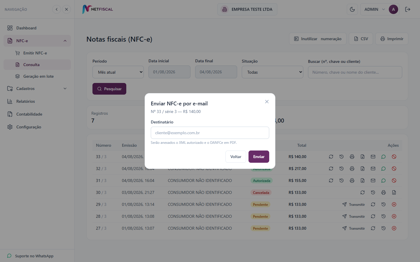 Janela de envio da NFC-e por e-mail